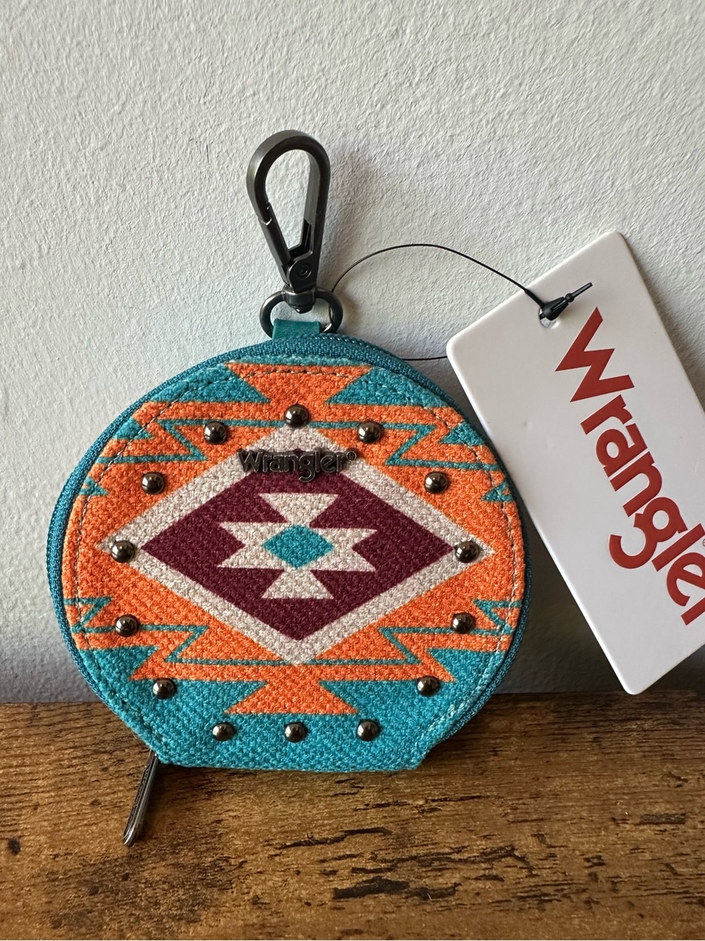 Wrangler Boho Aztec Round Coin Purse Bag Charm Keychain Turquoise & Orange NWT